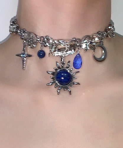 Women Blue Sun Zircon Moon Alloy Pendant Choker