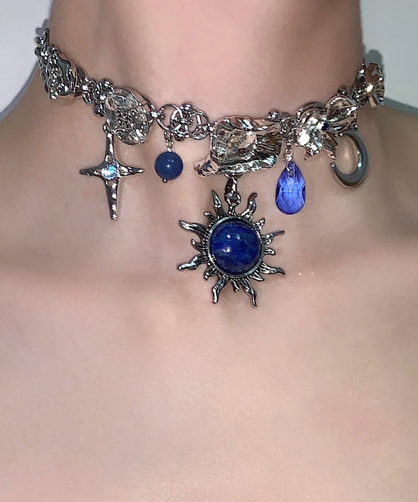 Women Blue Sun Zircon Moon Alloy Pendant Choker