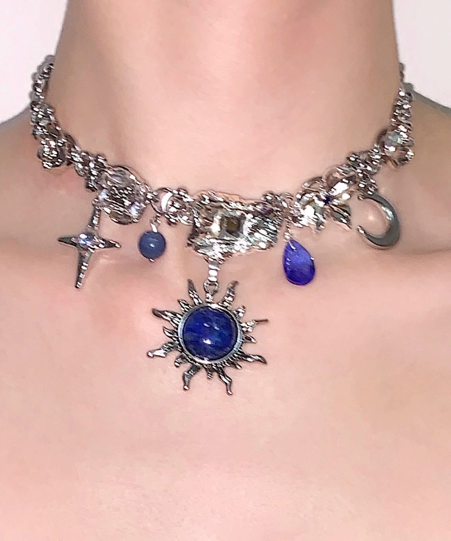Women Blue Sun Zircon Moon Alloy Pendant Choker