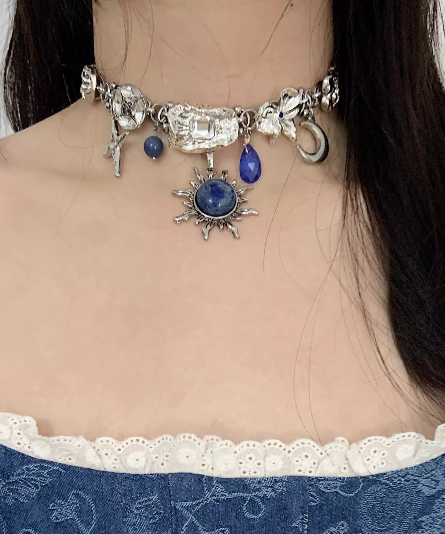 Women Blue Sun Zircon Moon Alloy Pendant Choker