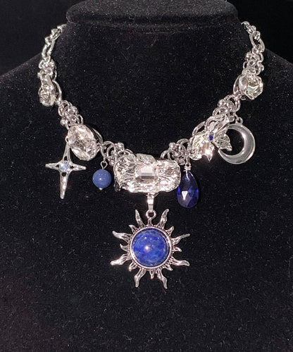 Women Blue Sun Zircon Moon Alloy Pendant Choker