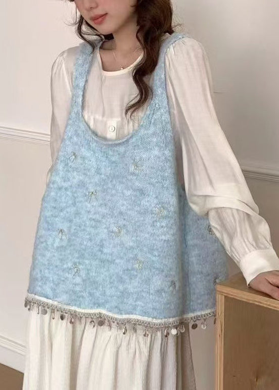 Women Blue Tasseled Bow Knitted Tops Spring