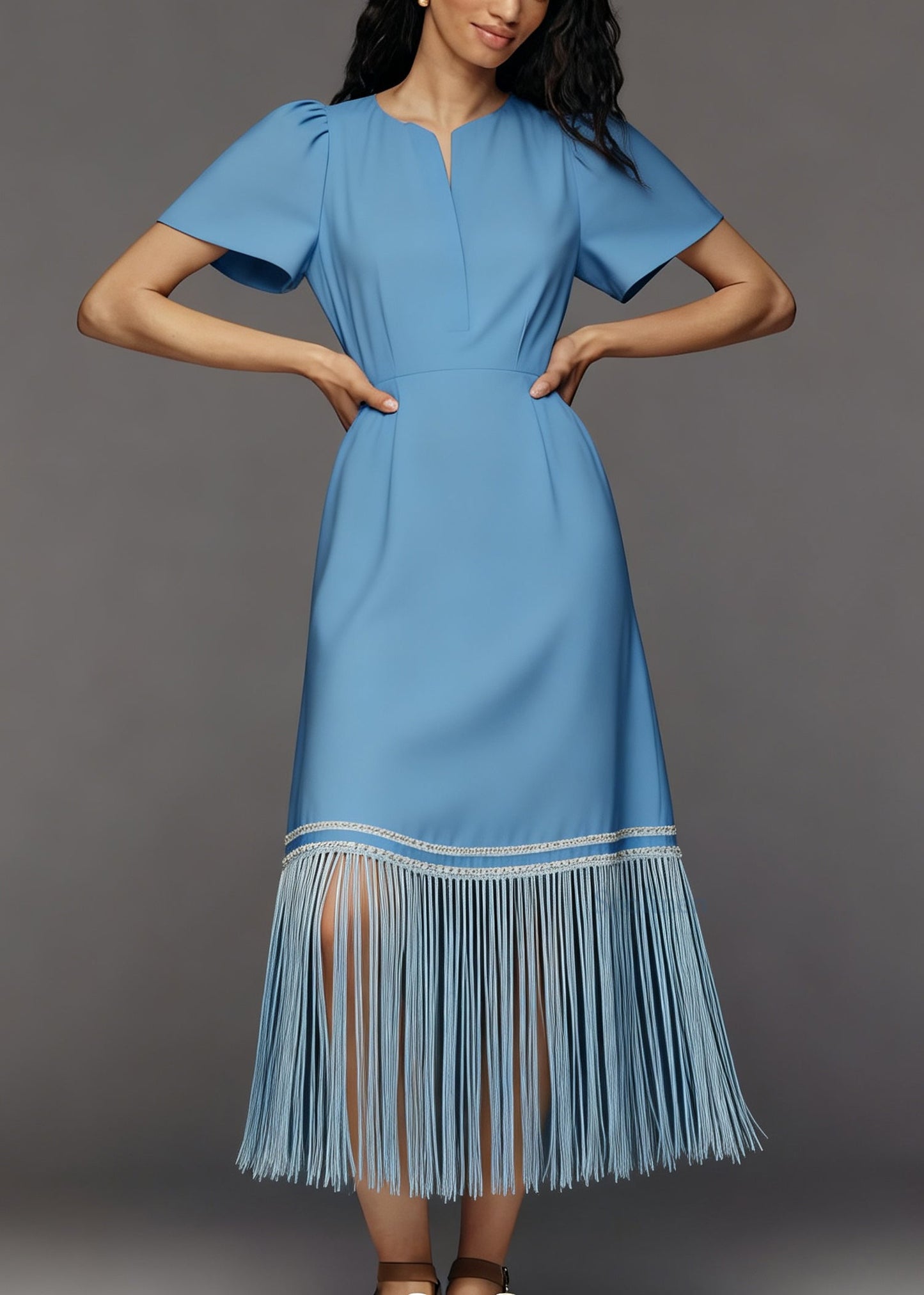 Women Blue Tasseled Patchwork Loose Cotton Dresses Summer