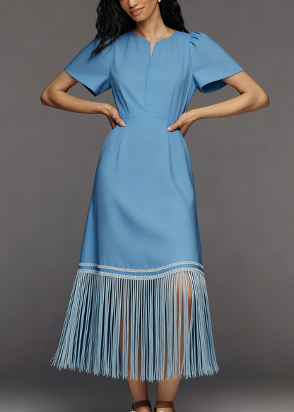 Women Blue Tasseled Patchwork Loose Cotton Dresses Summer