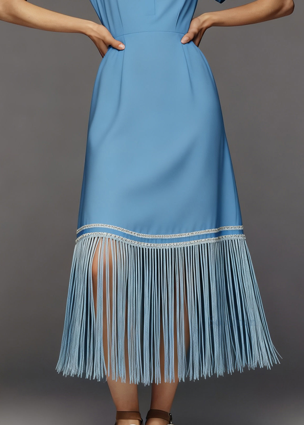 Women Blue Tasseled Patchwork Loose Cotton Dresses Summer