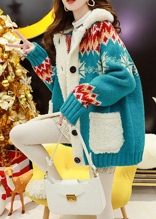 Damen Blau Dicker gemütlicher Knopf Patchwork Herbst Strickmantel