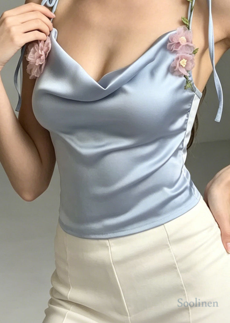 Women Blue Turtle Neck Floral Satin Beach Vest Summer