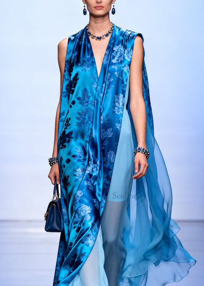 Women Blue V Neck Asymmetrical Design Print Silk Dresses Sleeveless