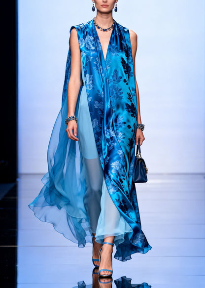 Women Blue V Neck Asymmetrical Design Print Silk Dresses Sleeveless