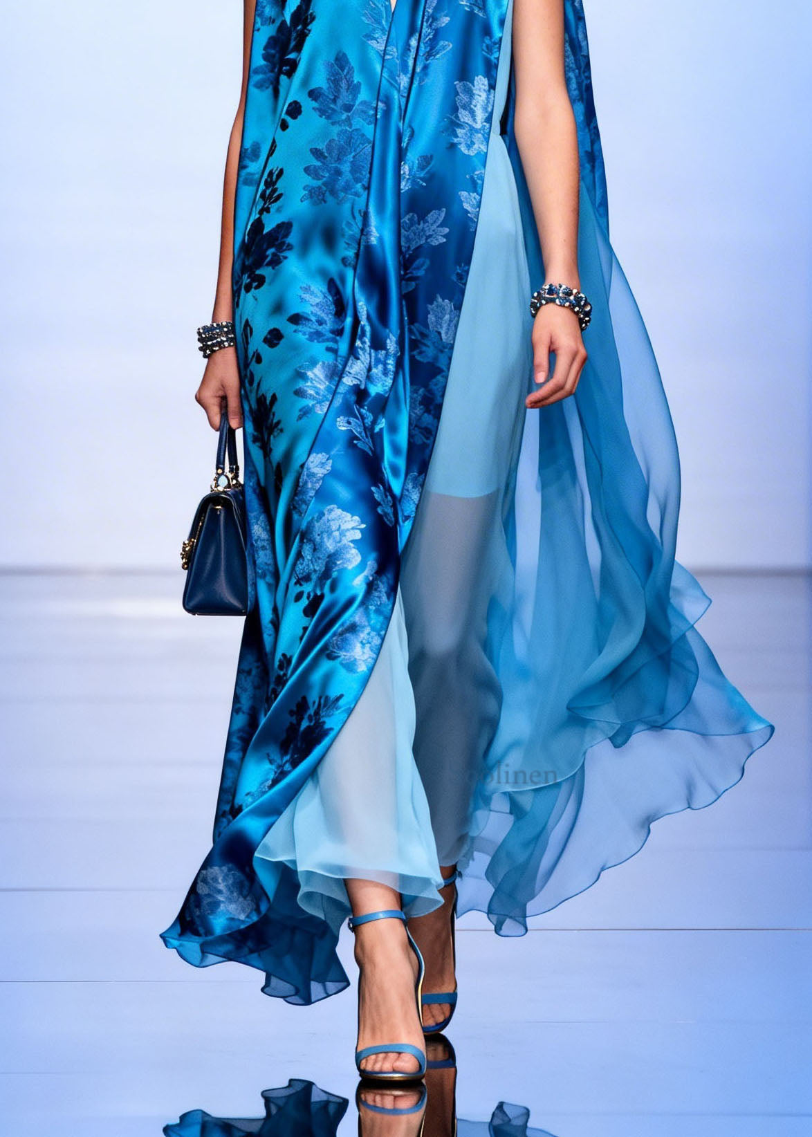 Women Blue V Neck Asymmetrical Design Print Silk Dresses Sleeveless