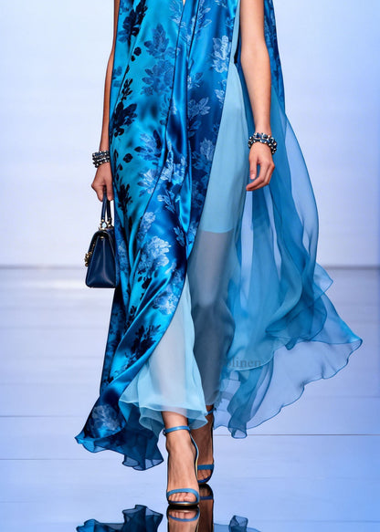Women Blue V Neck Asymmetrical Design Print Silk Dresses Sleeveless