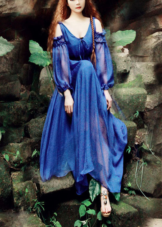 Frauen Blau V-Ausschnitt Cold Shoulder Seide Maxikleider Puffärmel