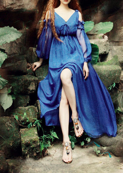 Frauen Blau V-Ausschnitt Cold Shoulder Seide Maxikleider Puffärmel