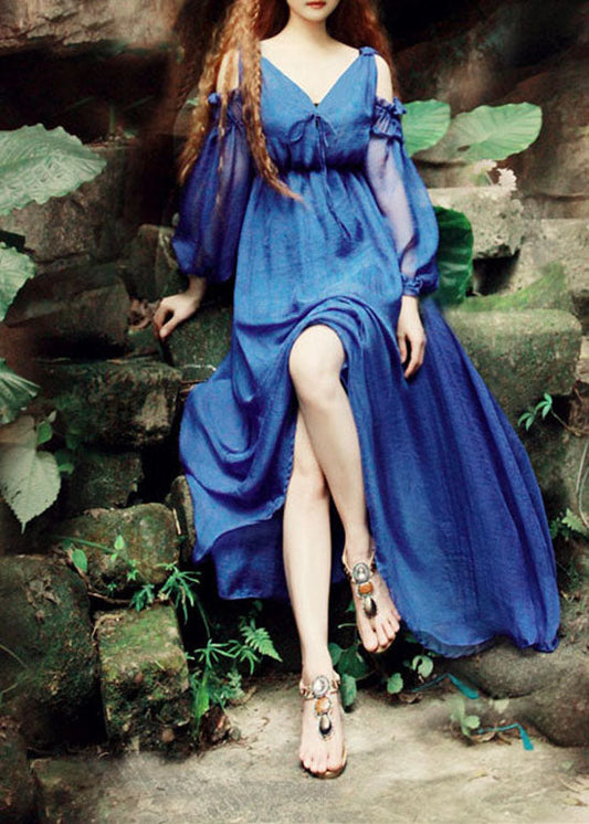 Frauen Blau V-Ausschnitt Cold Shoulder Seide Maxikleider Puffärmel