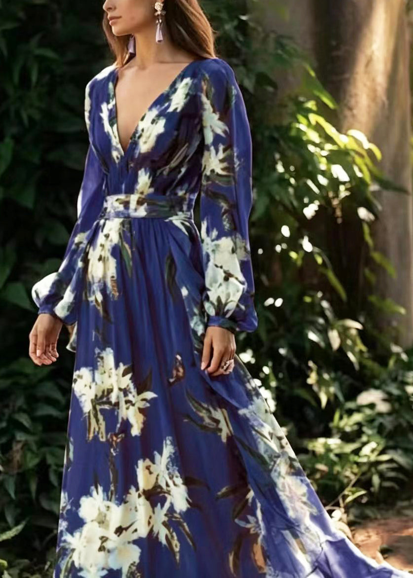 Women Blue V Neck Exra Large Hem Print Long Dresses Summer