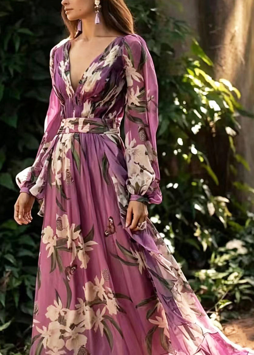 Women Blue V Neck Exra Large Hem Print Long Dresses Summer