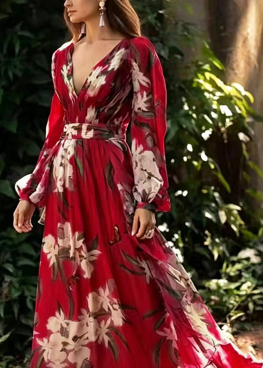 Women Blue V Neck Exra Large Hem Print Long Dresses Summer
