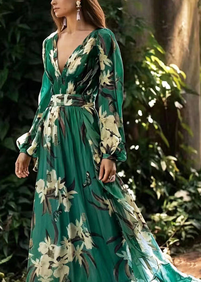 Women Blue V Neck Exra Large Hem Print Long Dresses Summer