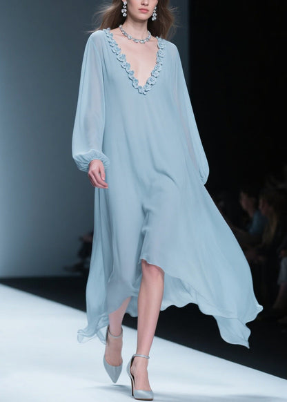 Women Blue V Neck Floral Solid Chiffon Long Dresses