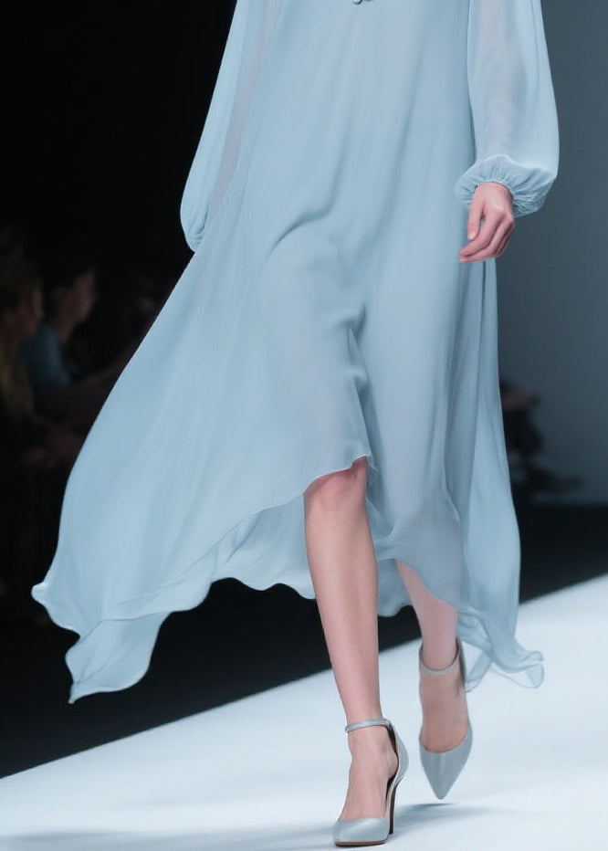 Women Blue V Neck Floral Solid Chiffon Long Dresses