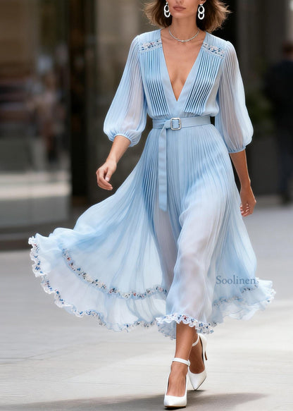 Women Blue V Neck Floral Wrinkled Chiffon Dresses Summer