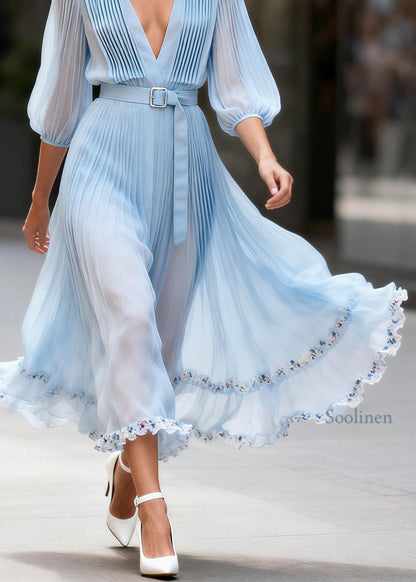 Women Blue V Neck Floral Wrinkled Chiffon Dresses Summer