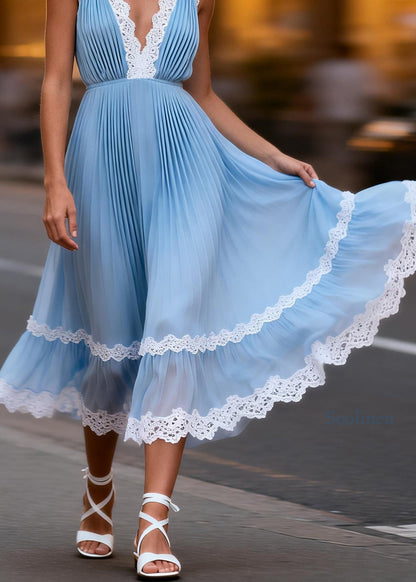 Women Blue V Neck Lace Patchwork Chiffon Maxi Dress Sleeveless