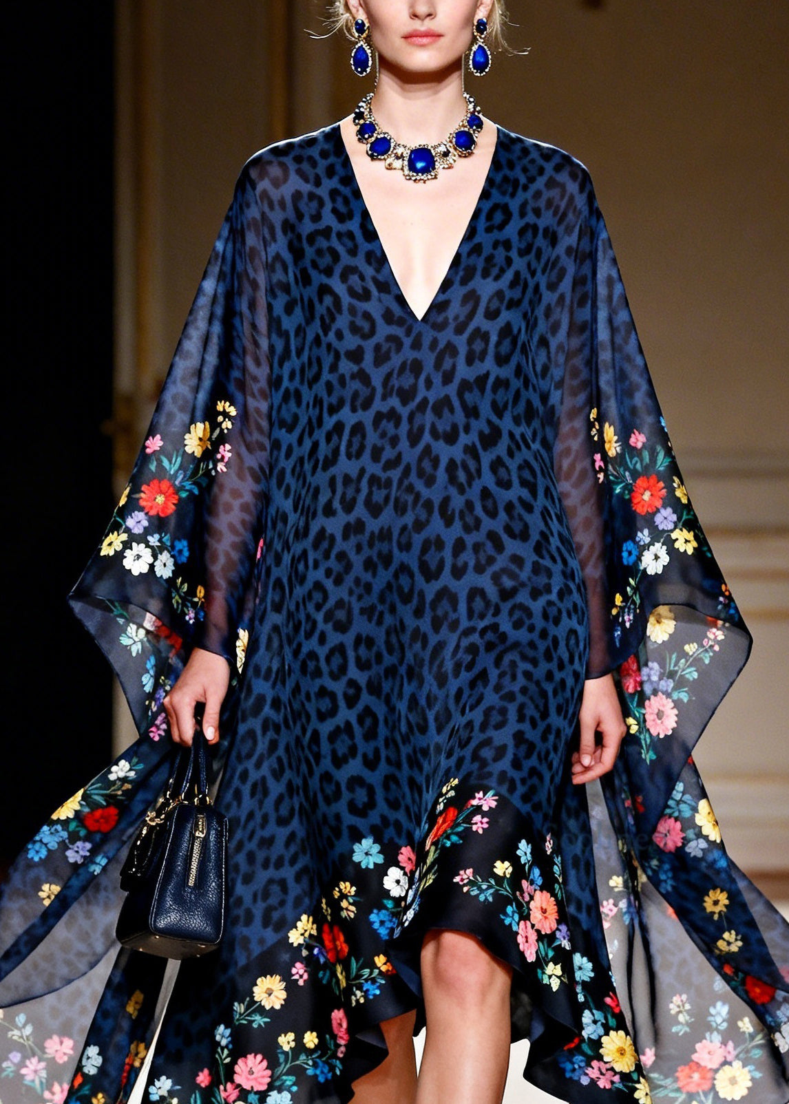 Women Blue V Neck Leopard Print Chiffon Vacation Dresses Summer