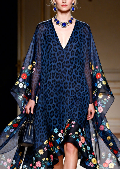 Women Blue V Neck Leopard Print Chiffon Vacation Dresses Summer