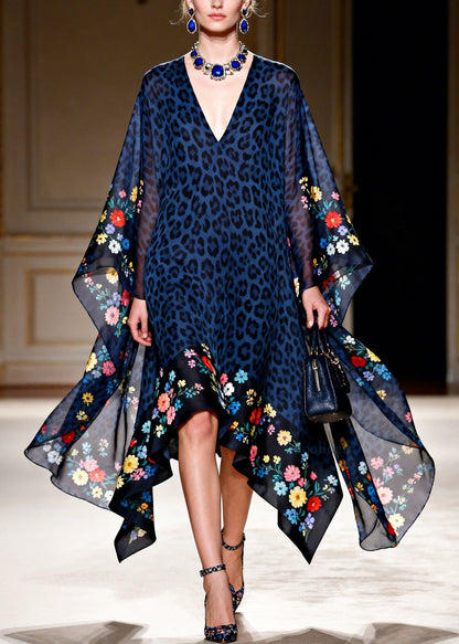Women Blue V Neck Leopard Print Chiffon Vacation Dresses Summer