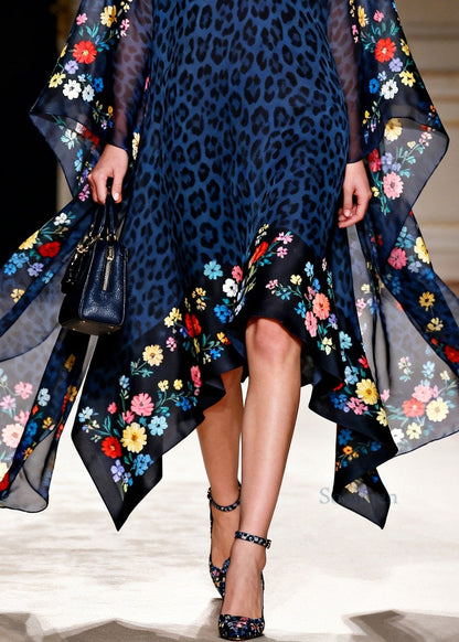 Women Blue V Neck Leopard Print Chiffon Vacation Dresses Summer