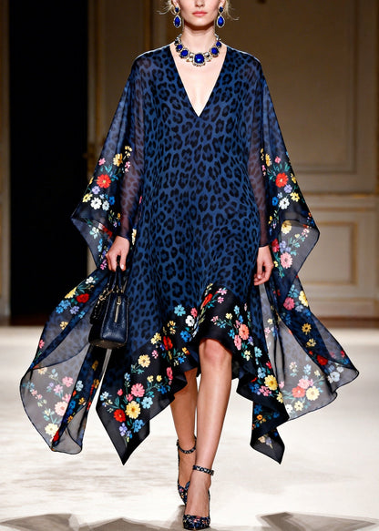 Women Blue V Neck Leopard Print Chiffon Vacation Dresses Summer