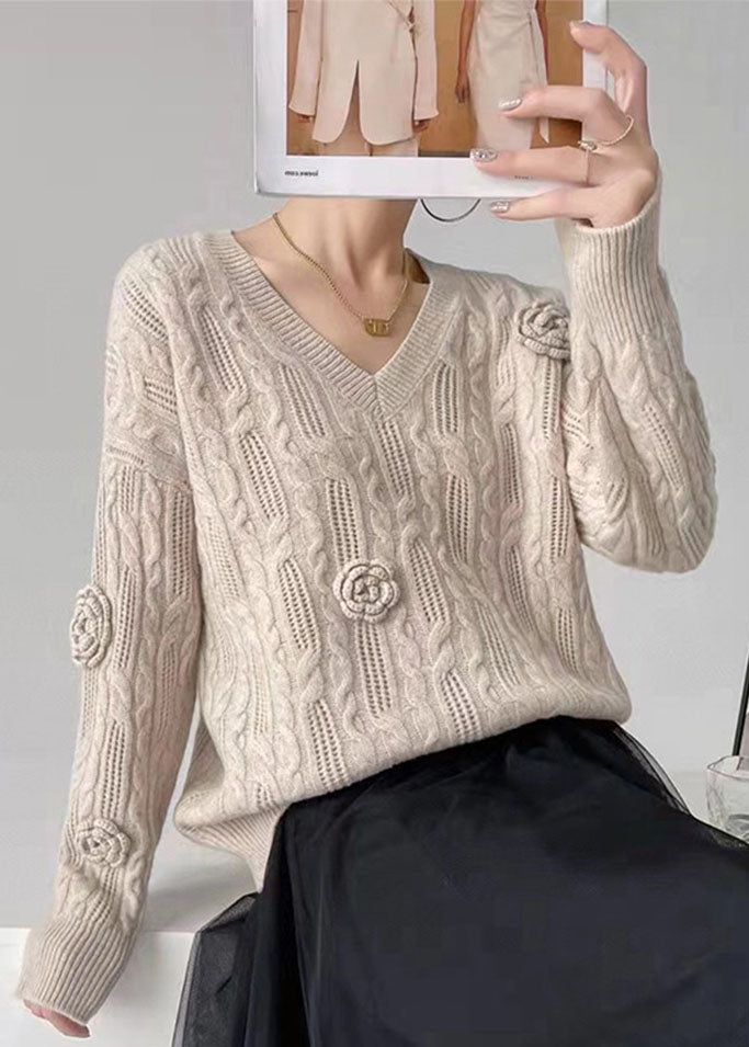 Frauen Blau V-ausschnitt Übergroßen Floral Zopfmuster Pullover Winter