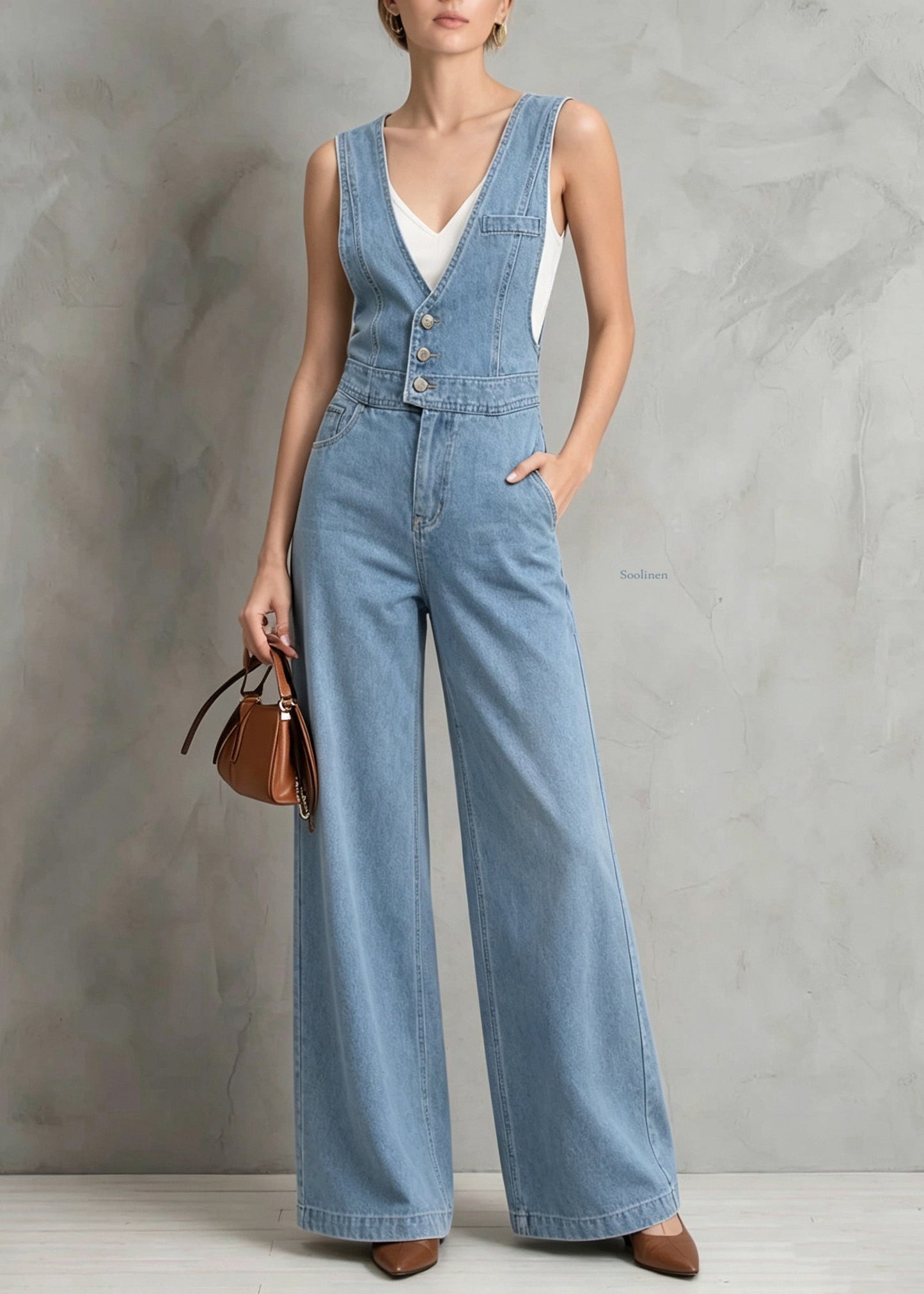 Women Blue V Neck Patchwork Denim Jumpsuit Sleeveless