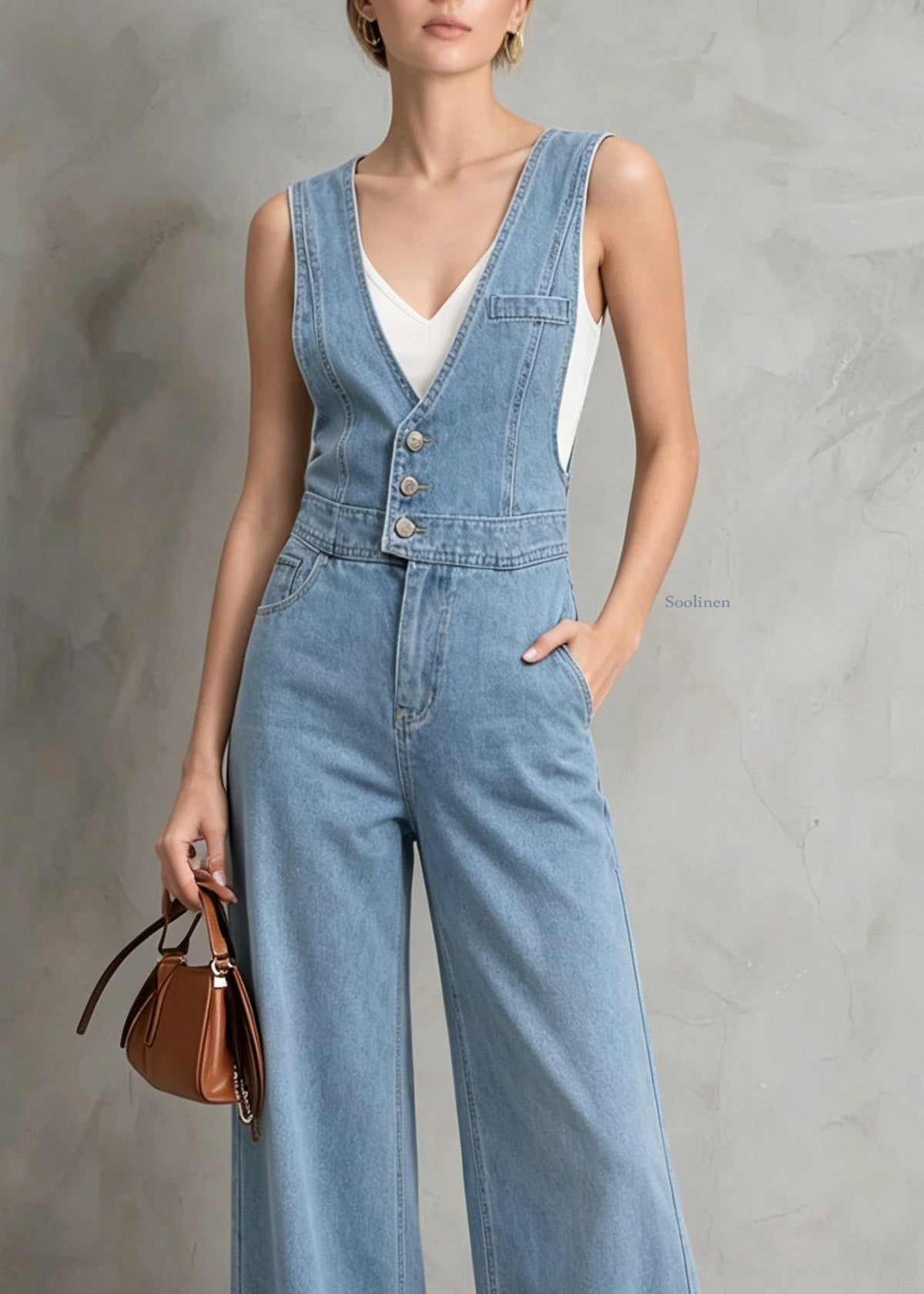 Women Blue V Neck Patchwork Denim Jumpsuit Sleeveless