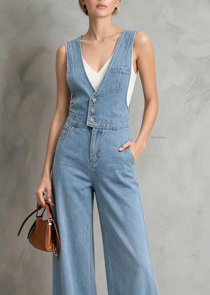 Women Blue V Neck Patchwork Denim Jumpsuit Sleeveless