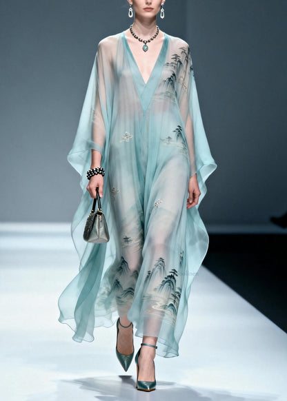 Women Blue V Neck Print Chiffon Long Dress Spring