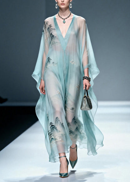 Women Blue V Neck Print Chiffon Long Dress Spring