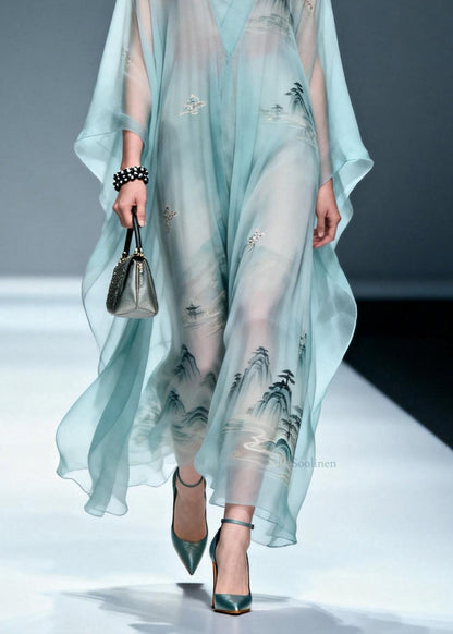 Women Blue V Neck Print Chiffon Long Dress Spring