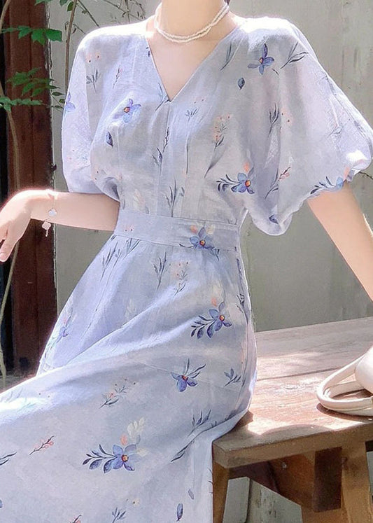 Frauen Blau V-Ausschnitt Print Baumwolle Langes Kleid Sommer