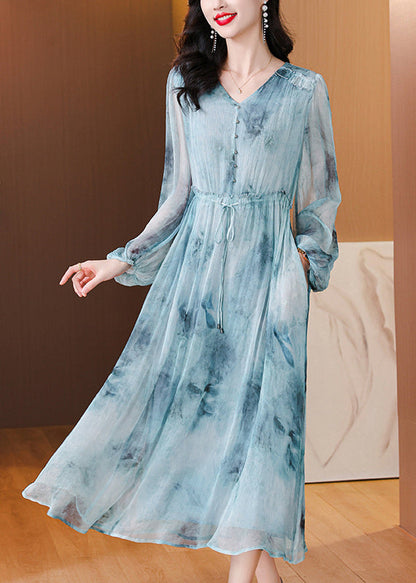 Frauen Blau V Neck Print Kordelzug Seide Kleid Laterne Hülse
