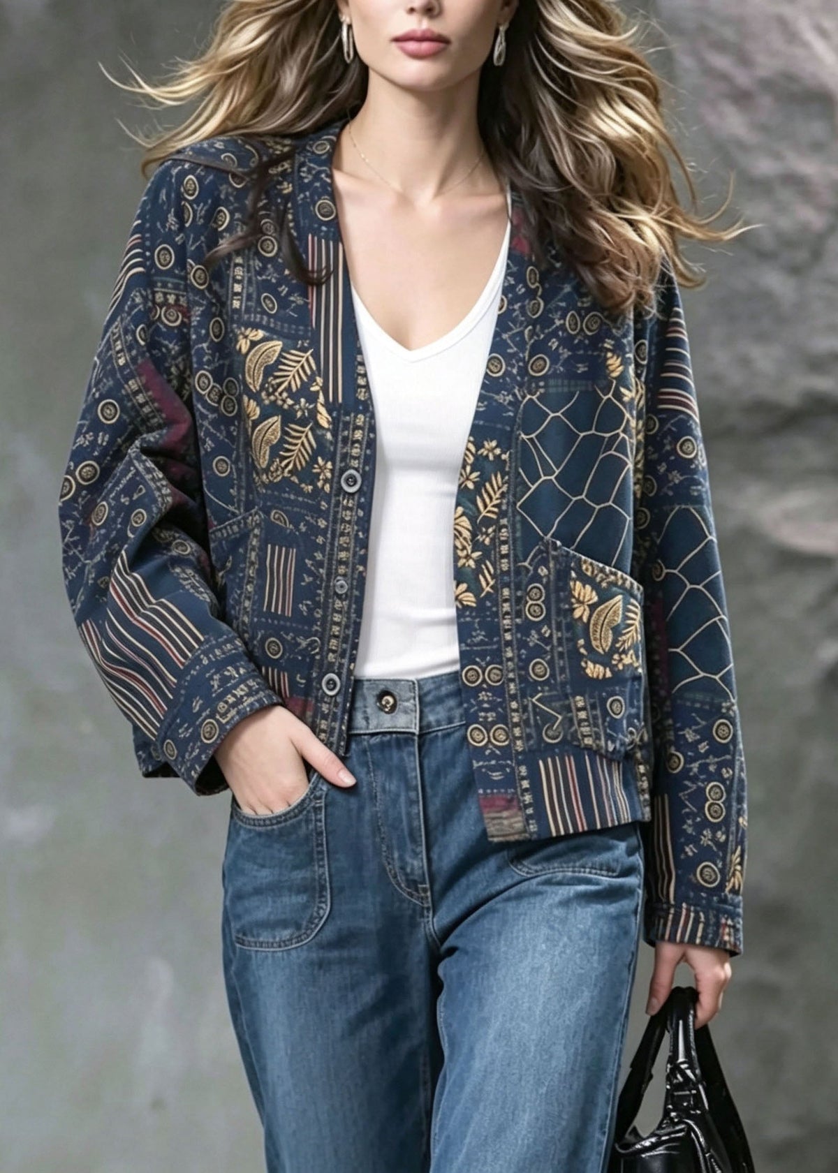 Women Blue V Neck Print Pockets Cotton Cardigans Fall