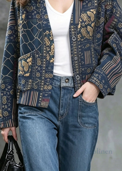 Women Blue V Neck Print Pockets Cotton Cardigans Fall