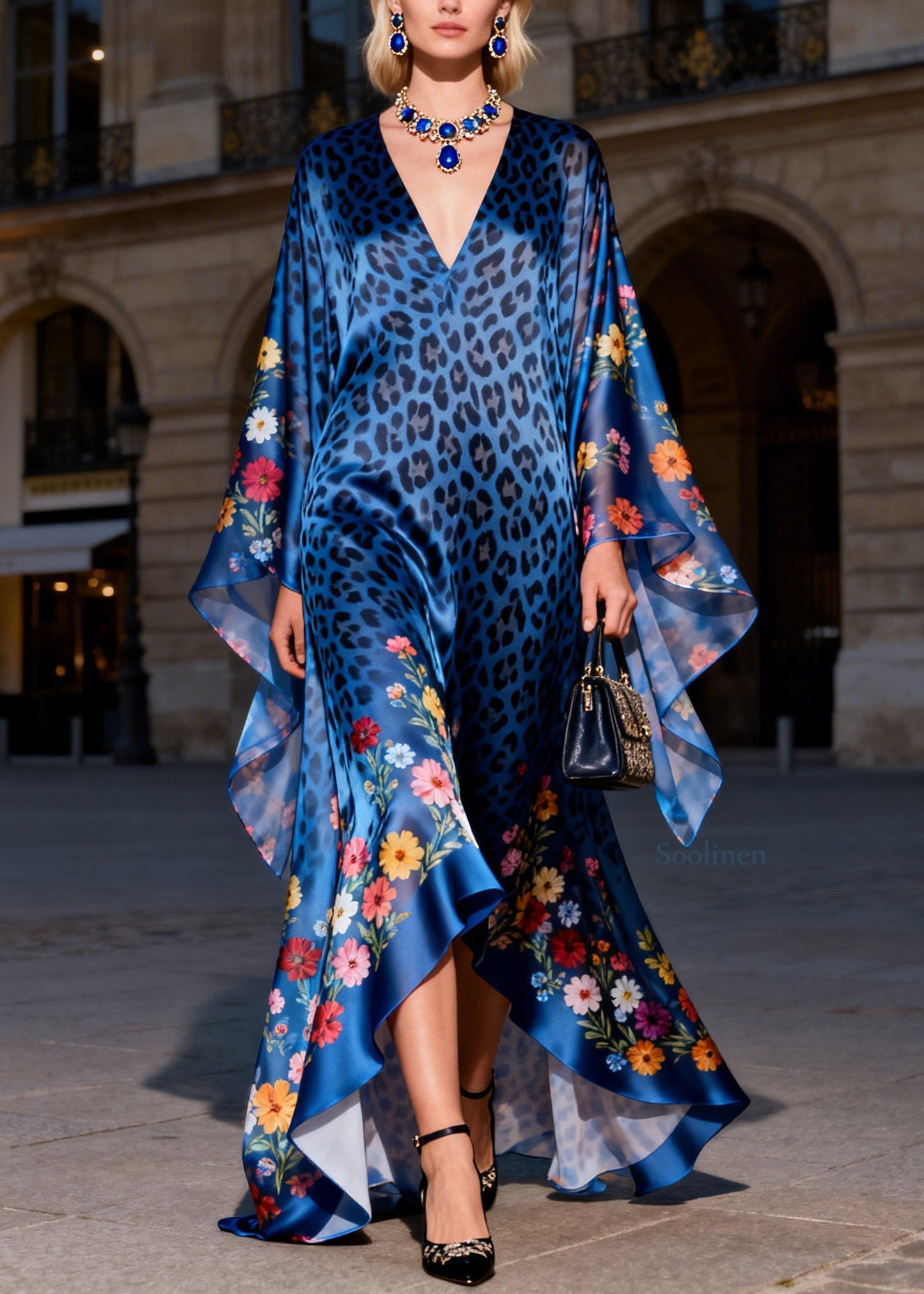 Women Blue V Neck Print Ruffled Silk Long Dresses Summer