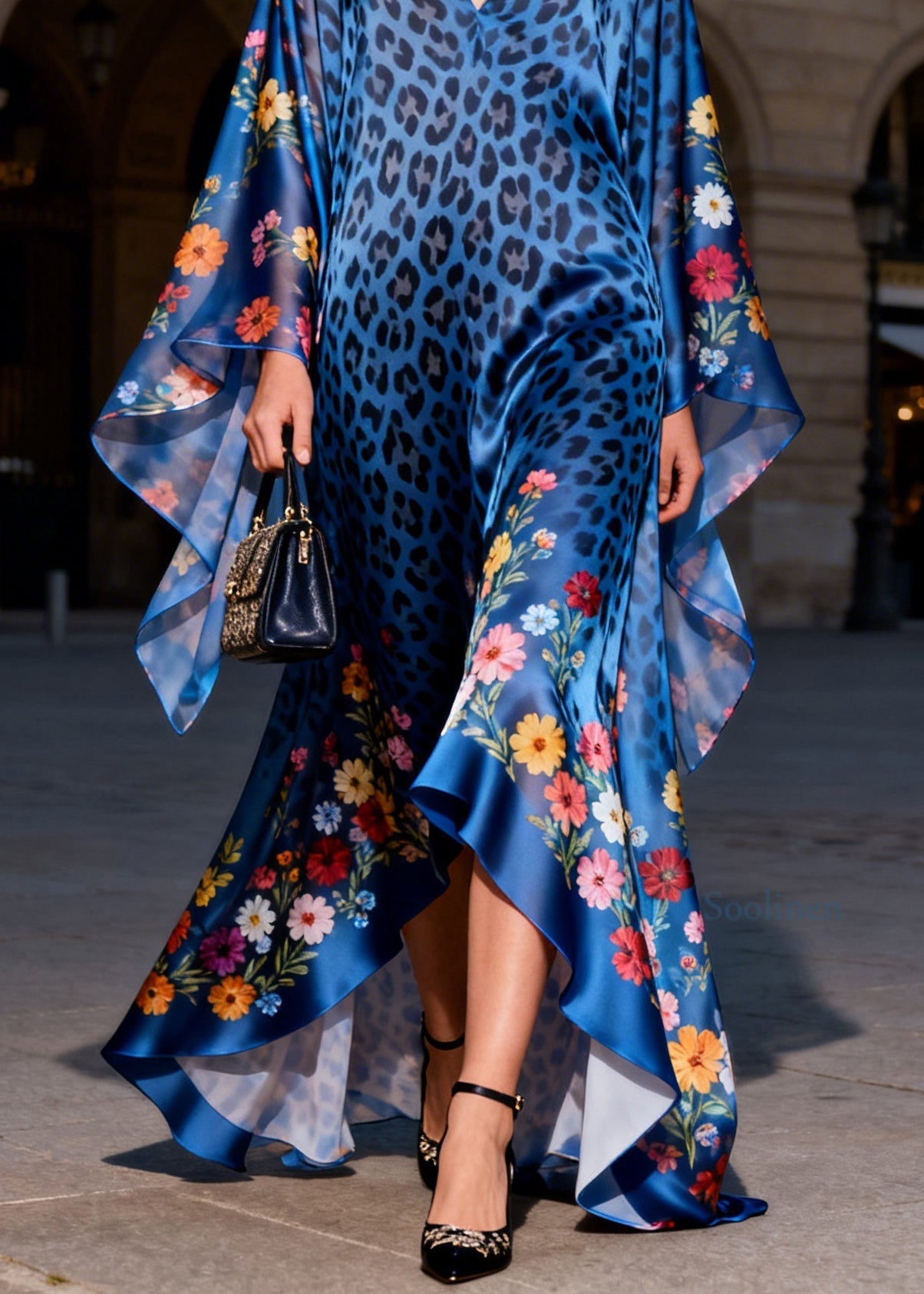 Women Blue V Neck Print Ruffled Silk Long Dresses Summer