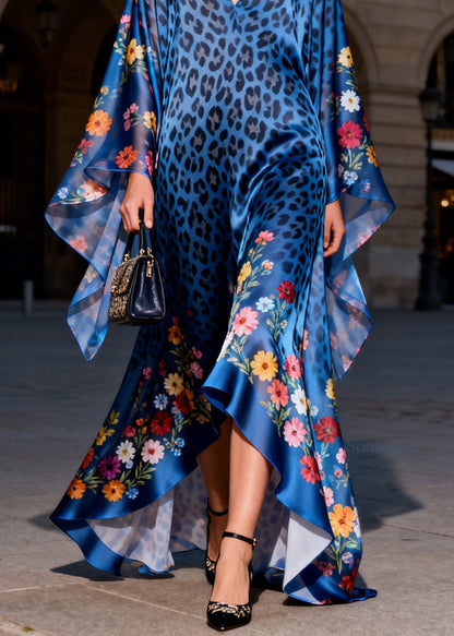 Women Blue V Neck Print Ruffled Silk Long Dresses Summer