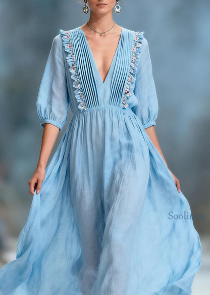 Women Blue V Neck Ruffled Floral Cotton Long Dresses Summer
