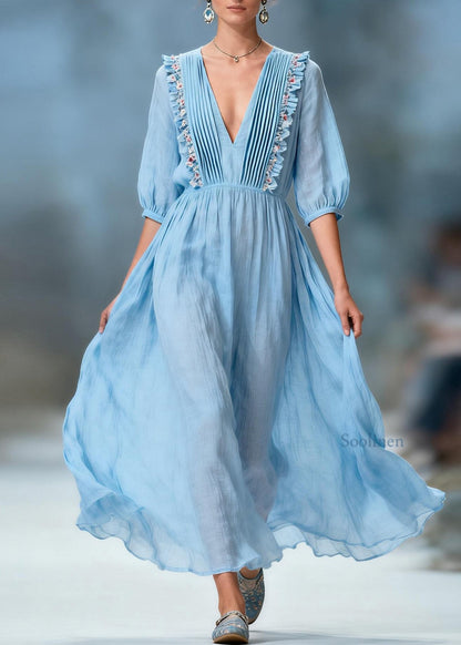 Women Blue V Neck Ruffled Floral Cotton Long Dresses Summer
