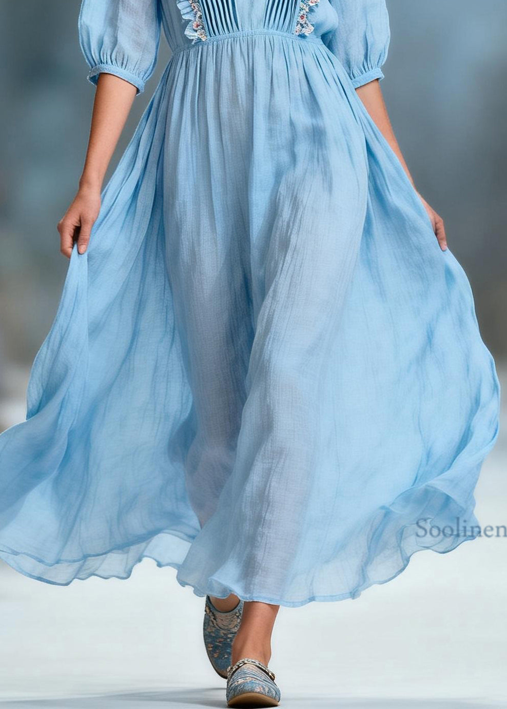Women Blue V Neck Ruffled Floral Cotton Long Dresses Summer