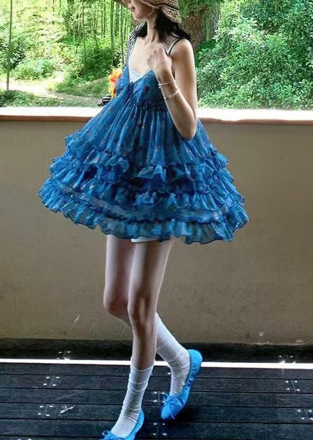 Women Blue V Neck Ruffled Print Shirt Top Sleeveless